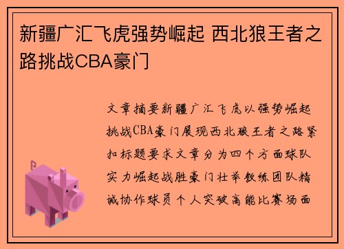 新疆广汇飞虎强势崛起 西北狼王者之路挑战CBA豪门